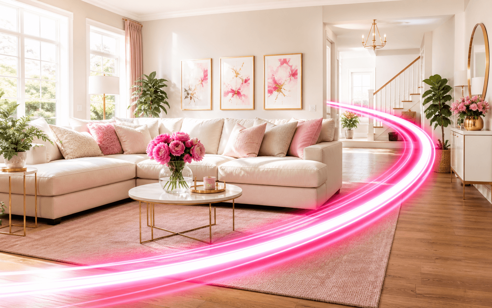 Bright, freshly cleaned living room with Mary's signature pink clean-sweep light