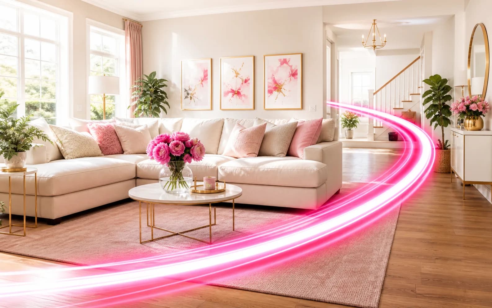 Bright, freshly cleaned living room with Mary's signature pink clean-sweep light